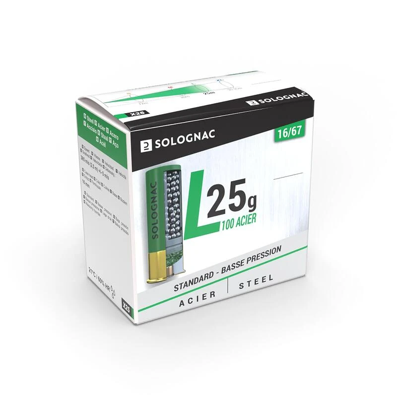 CARTOUCHE L100 25G BASSE PRESSION CALIBRE 16/67 BILLE ACIER N°5X25 3 CARTOUCHE L100 25G BASSE PRESSION CALIBRE 16/67 BILLE ACIER N°5X25