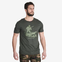 T-shirt Manches Courtes Chasse Coton Homme - 100 Chien Arrêt Vert